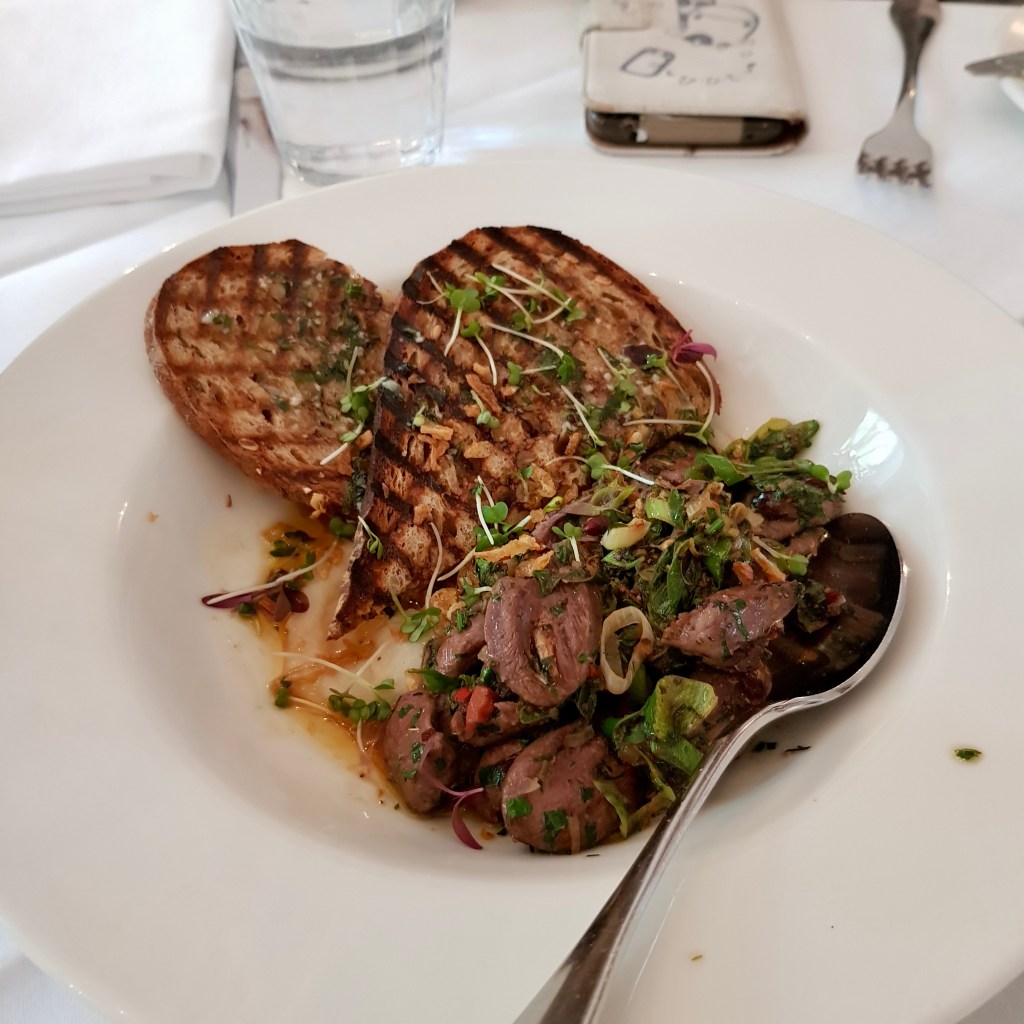 Ognisko Restaurant Classy Polish Dining South Kensington London Traditional Vodka Outdoor Alfresco Garden View Pan Fried Duck Hearts Starters Parsnip Apple Puree
