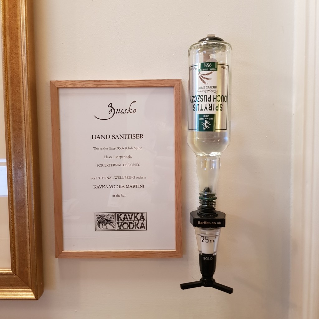 Ognisko Restaurant Classy Polish Dining South Kensington London Traditional Vodka Outdoor Alfresco Garden View Hand Sanitisier