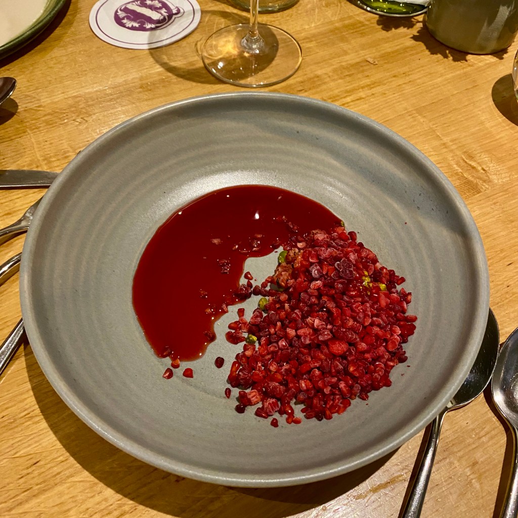Olive Tree Bath Restaurant Michelin Star Queensberry Hotel Modern European Chef Chris Cleghorn Vegan Tasting Menu Nine Six Wine Pairing To Start Raspberry Fennel Pollen Pistachio