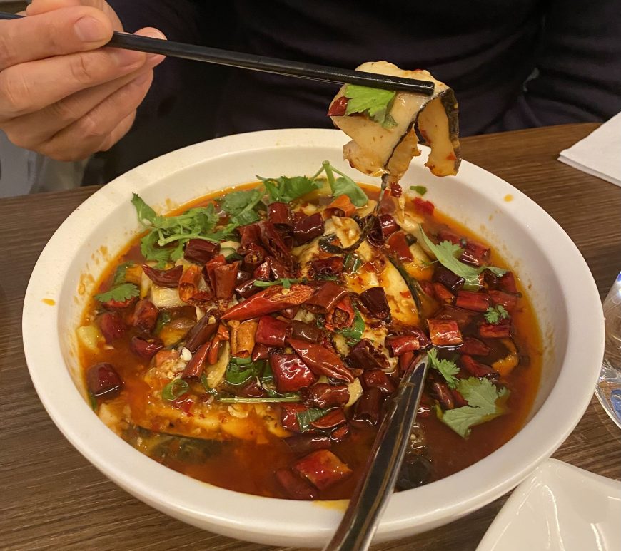 Tofu Vegan Restaurant Chinese Islington London Trendy New Age Vegetarian Plant Based Diet Tasty Delicious Sliced Fish Sizzling Chilli Oil