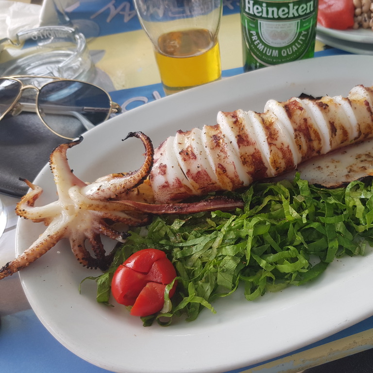 grilled squid, alfresco restaurant mykonos
